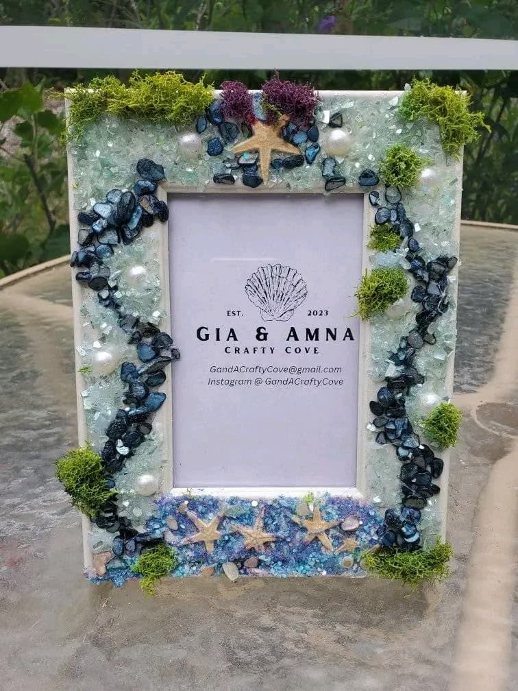 Ocean-themed picture frame with sea glass, starfish, and pearls